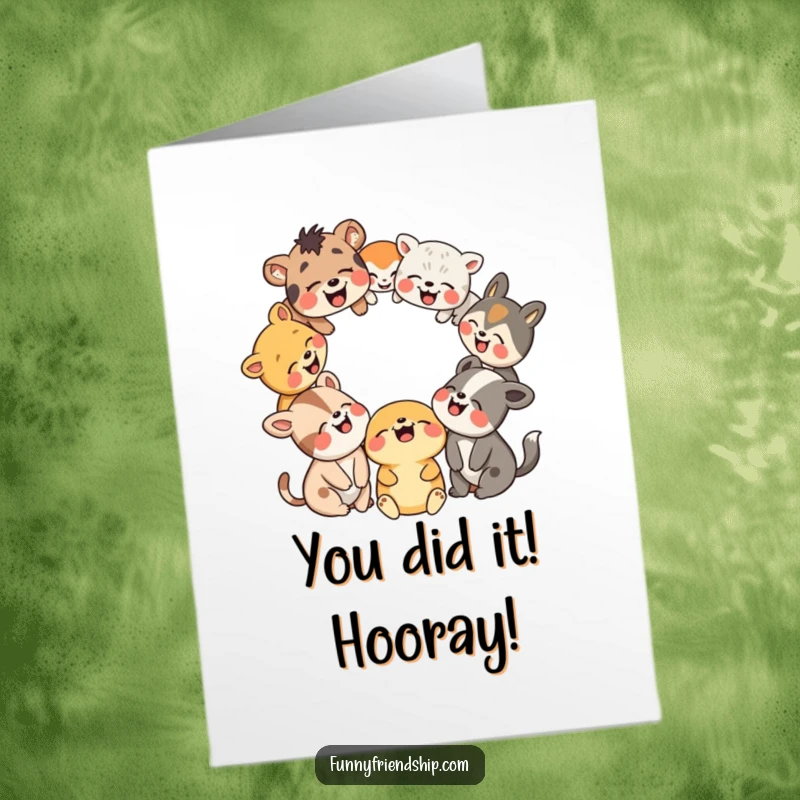 Funny Free Printable Congratulations Card: A circle of diverse animals laughing hysterically, celebrating success with glee.