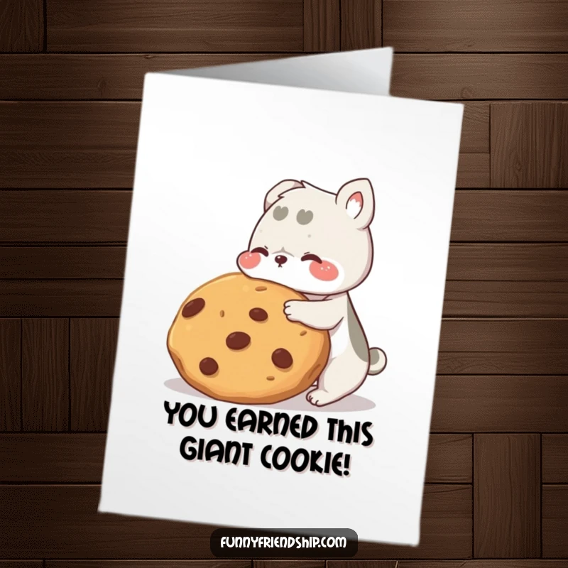 Funny free printable congratulations card featuring two adorable animals sharing a giant cookie, celebrating success together.