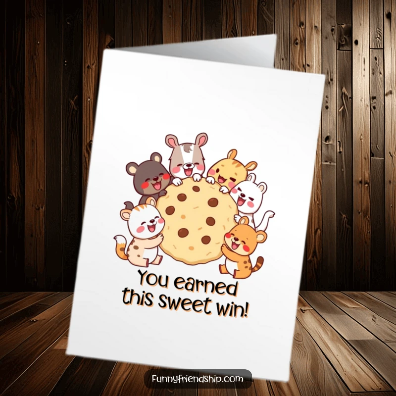 Funny Free Printable Congratulations Card: A group of diverse animals joyfully share a giant cookie and laugh together.