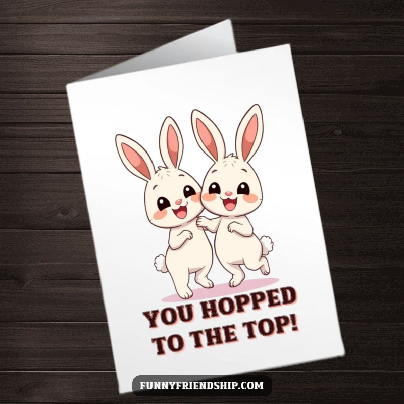 Funny Free Printable Congratulations Card: Two cheerful bunnies dancing enthusiastically, perfect for celebrating any accomplishment with laughter.