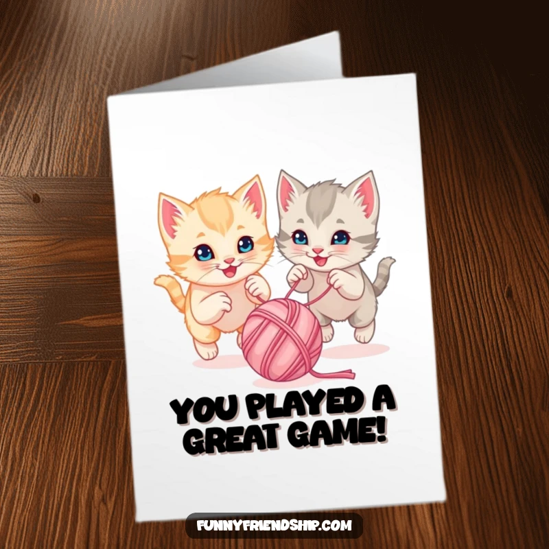 Free Printable Congratulations Card: Two energetic kittens playfully entangled while chasing a bouncing ball of yarn, celebrating success.
