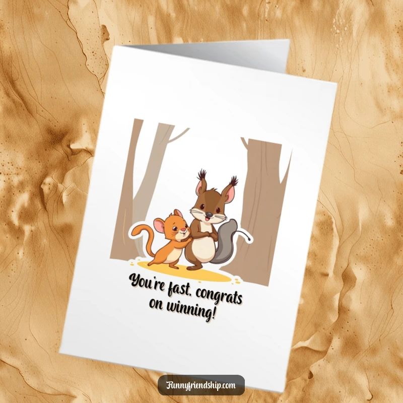 Funny Free Printable Congratulations Card: A squirrel and a mouse are depicted playing a game of tag.
