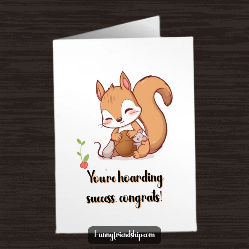 Funny Free Printable Congratulations Card: A curious squirrel offers a nut to a tiny mouse in a depiction of shared happiness.
