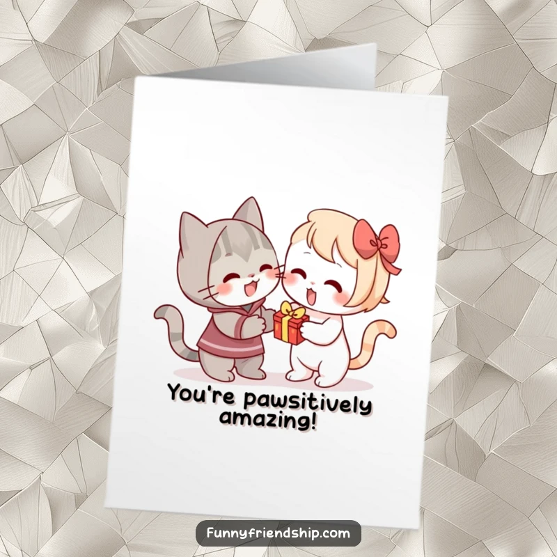 Funny Free Printable Congratulations Card: A cat character enthusiastically presenting a small gift to another character.