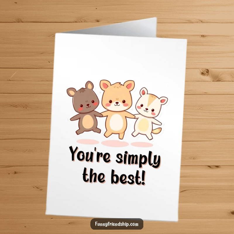 Funny Free Printable Congratulations Card: Three cute animals holding hands and skipping in a circle, celebrating an achievement.