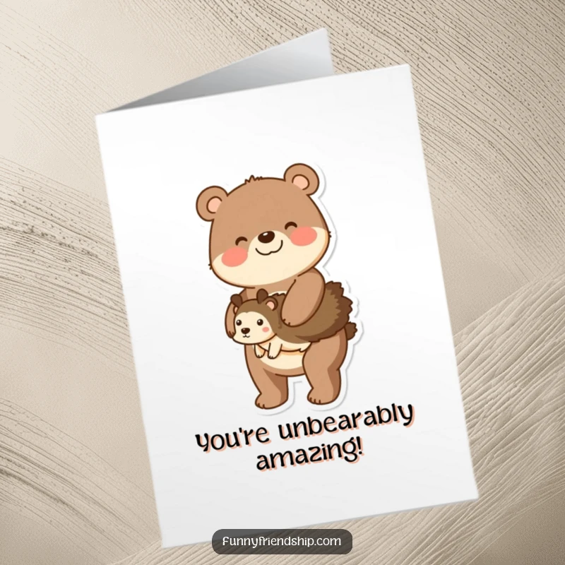 Funny Free Printable Congratulations Card: A friendly bear gives a tiny hedgehog a piggyback ride, celebrating success together, downloadable art.