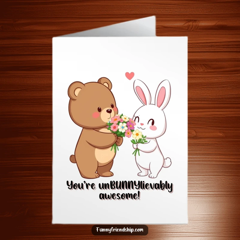 Free printable congratulations card featuring a bear giving flowers to a rabbit, celebrating a special achievement with charm.