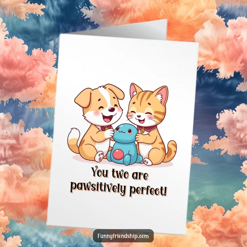 Funny Free Printable Congratulations Card with a dog and cat gleefully playing with a toy, perfect for any occasion.