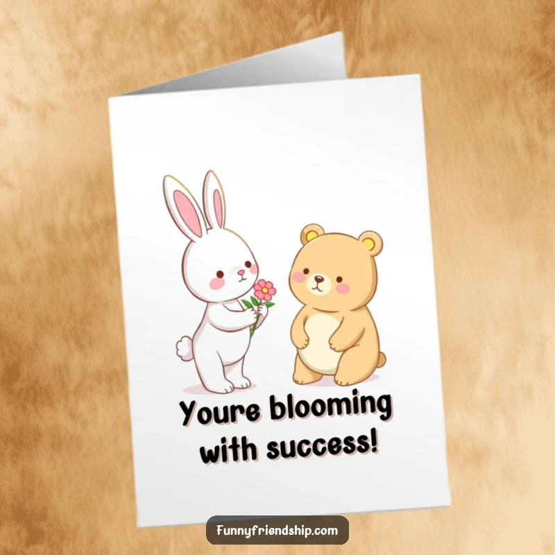Funny Free Printable Congratulations Card: A bunny offers a flower to a bear, celebrating friendship and success.