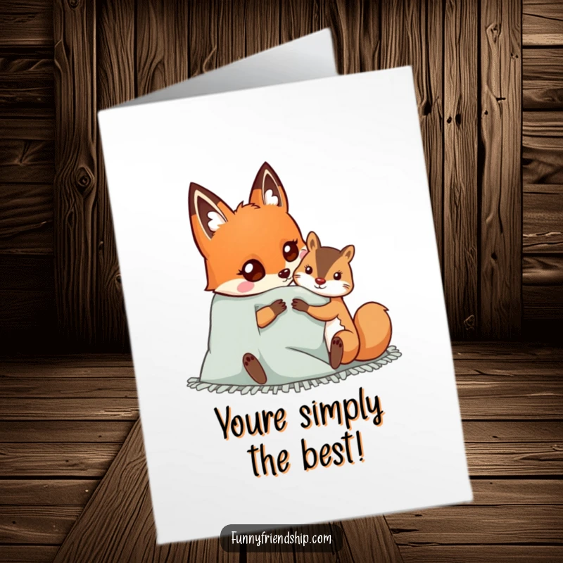Funny Free Printable Congratulations Card showing a happy fox and squirrel snuggled under a blanket, perfect for celebrating success.