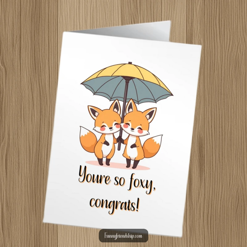 Funny Free Printable Congratulations Card: Two smiling foxes find shelter together under a large umbrella, a symbol of shared good fortune.