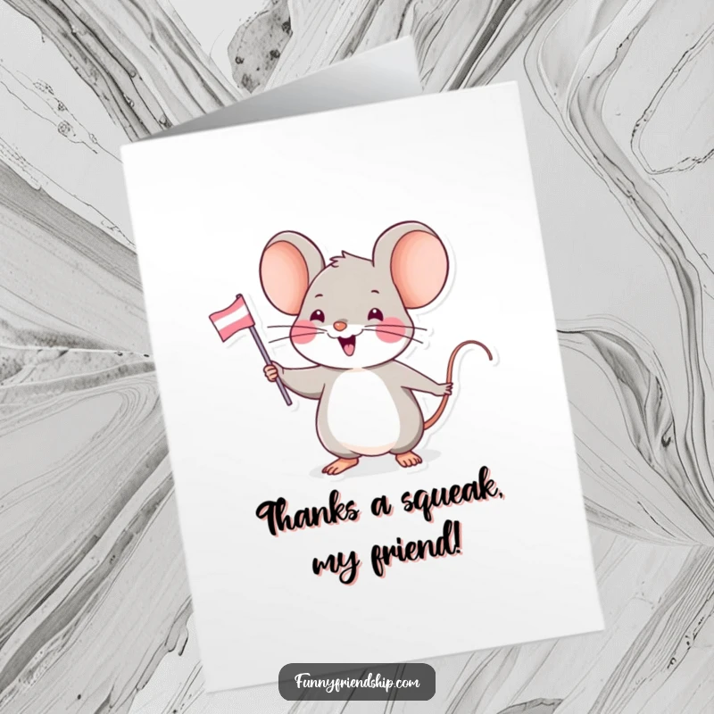 Funny Free Printable Thank You Card: Mouse enthusiastically waving a tiny friendship flag, a cute way to say thanks.