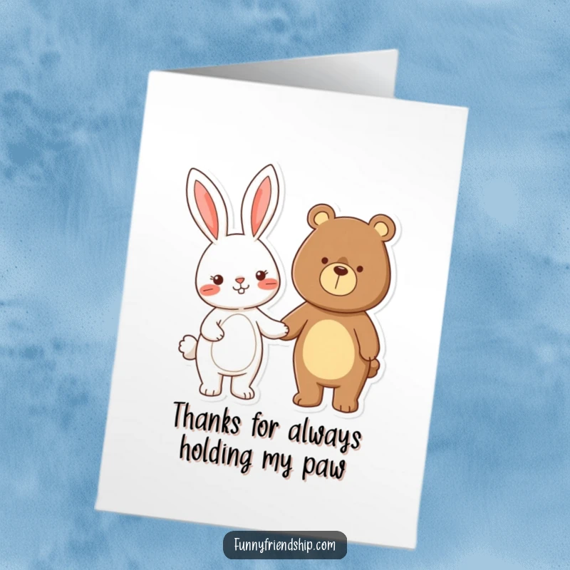 Funny Free Printable Thank You Card: A rabbit and a bear character are holding hands, looking sweet and thankful.