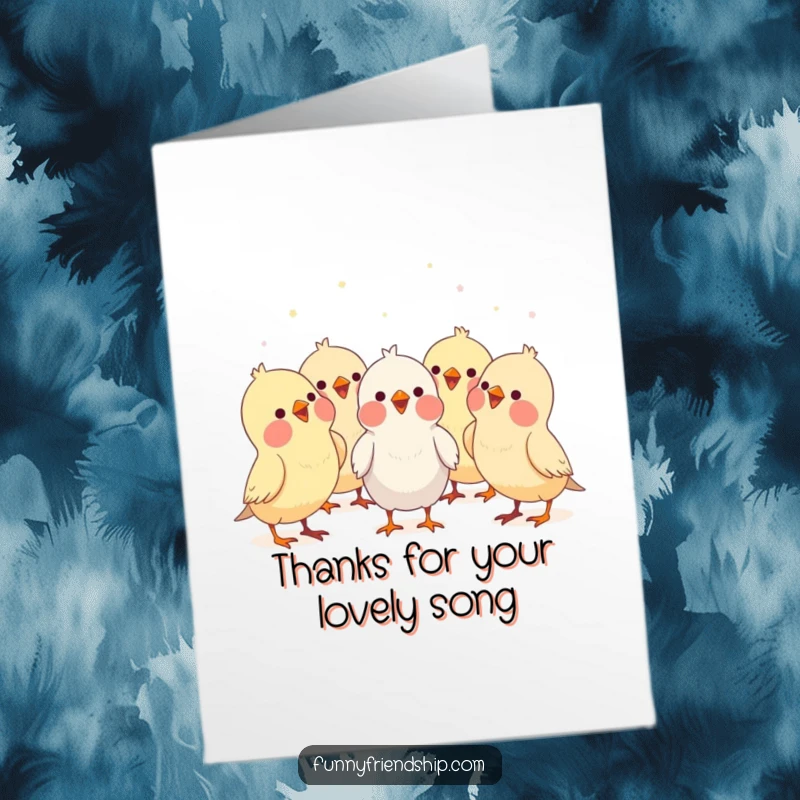 Funny Free Printable Thank You Card: Several cute bird characters are singing together in a cheerful chorus.