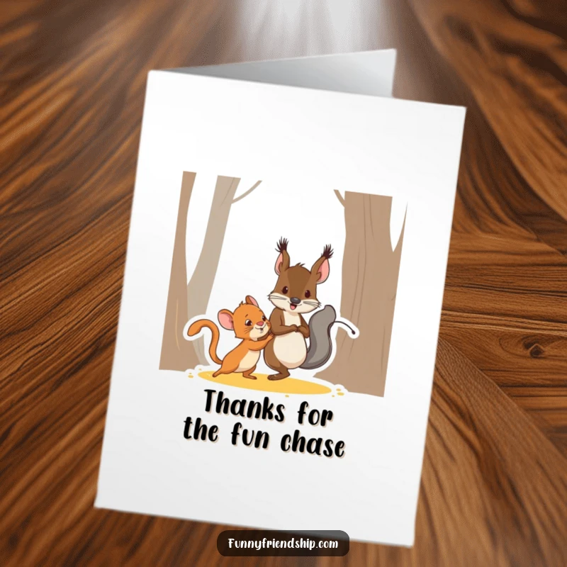 Funny Free Printable Thank You Card: A squirrel character and a mouse character are engaged in a game of tag.