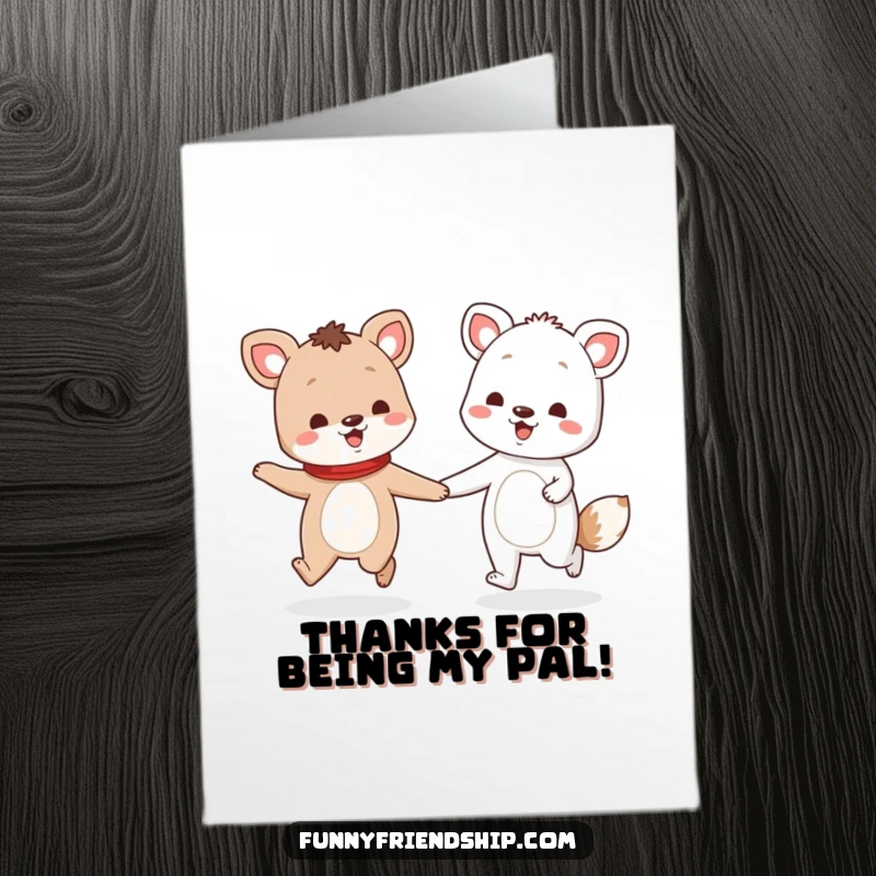 Funny Free Printable Thank You Card: Two animal characters holding hands and skipping, sending thanks. Downloadable gift.
