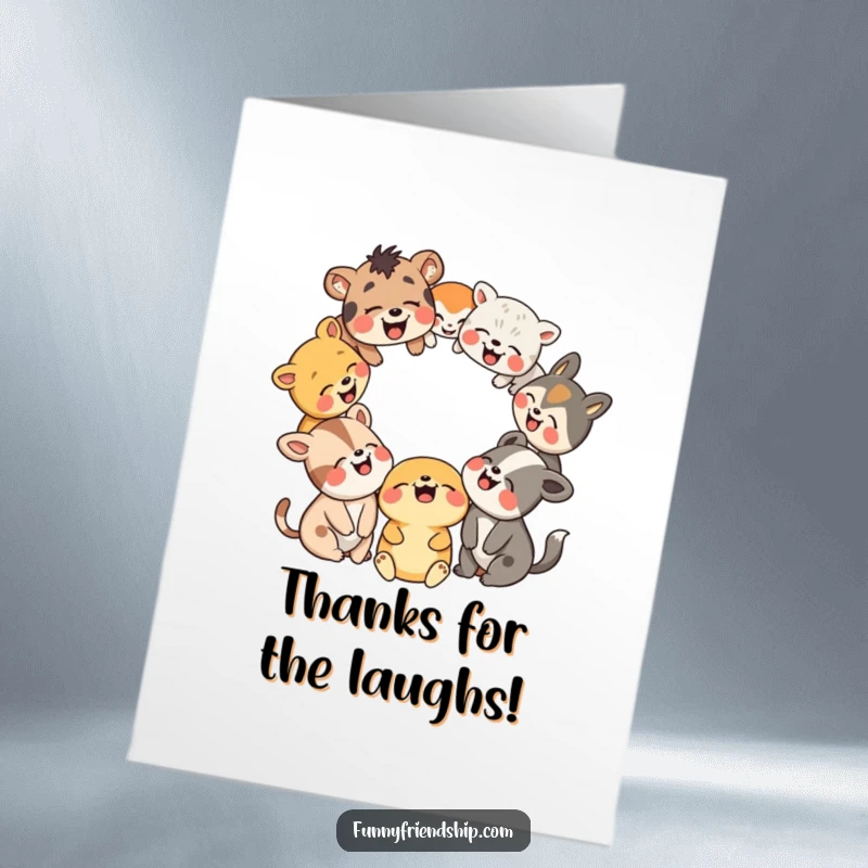 Funny Free Printable Thank You Card: A round of animal friends caught in a moment of shared, uproarious laughter.