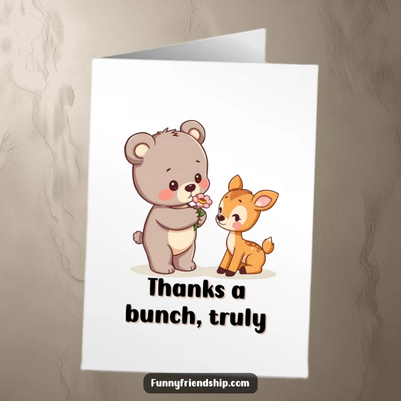 Funny Free Printable Thank You Card: A charming bear cub presents a flower to a shy deer cub to say thank you.