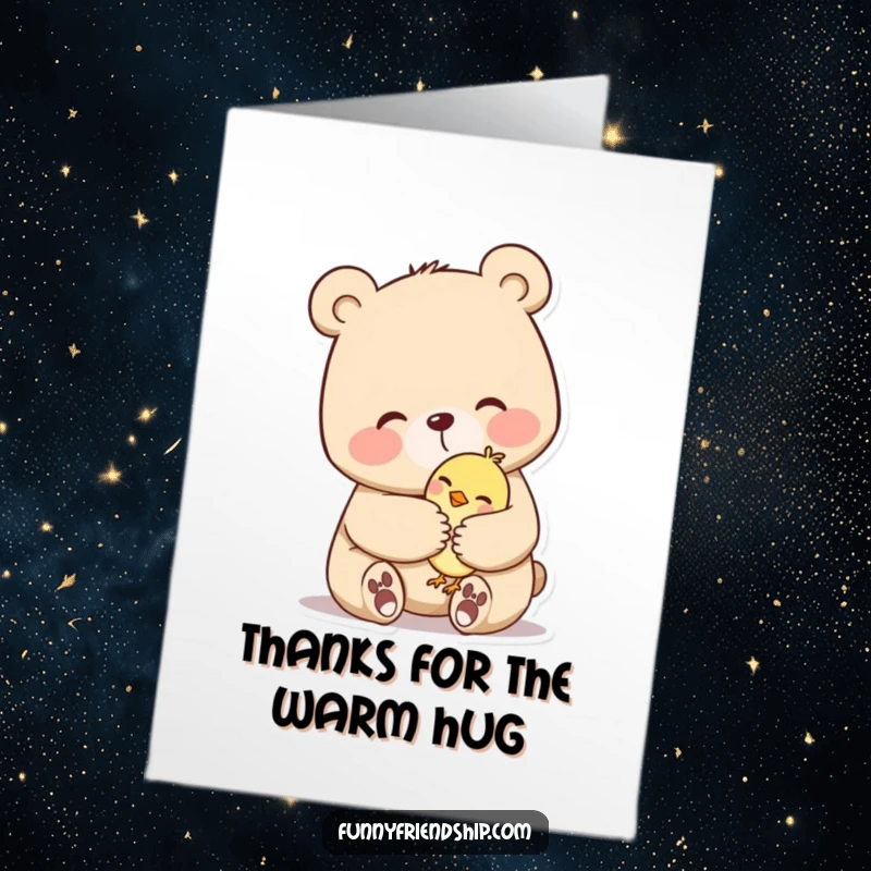 Funny Free Printable Thank You Card: A large bear offering a gentle, full-body hug to a small, appreciative bird.