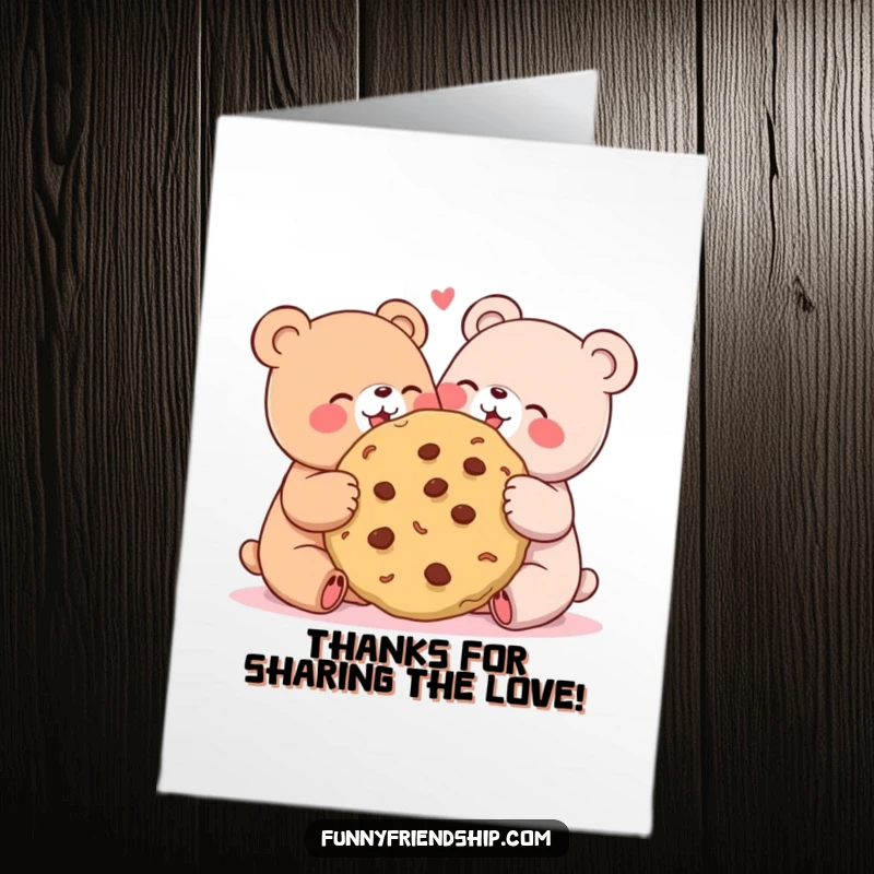 Funny Free Printable Thank You Card: Two cute bears joyfully sharing a giant cookie, looking very content.