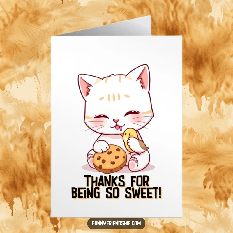 Funny Free Printable Thank You Card featuring a cat sharing a cookie with a bird, a warm downloadable way to express thanks.