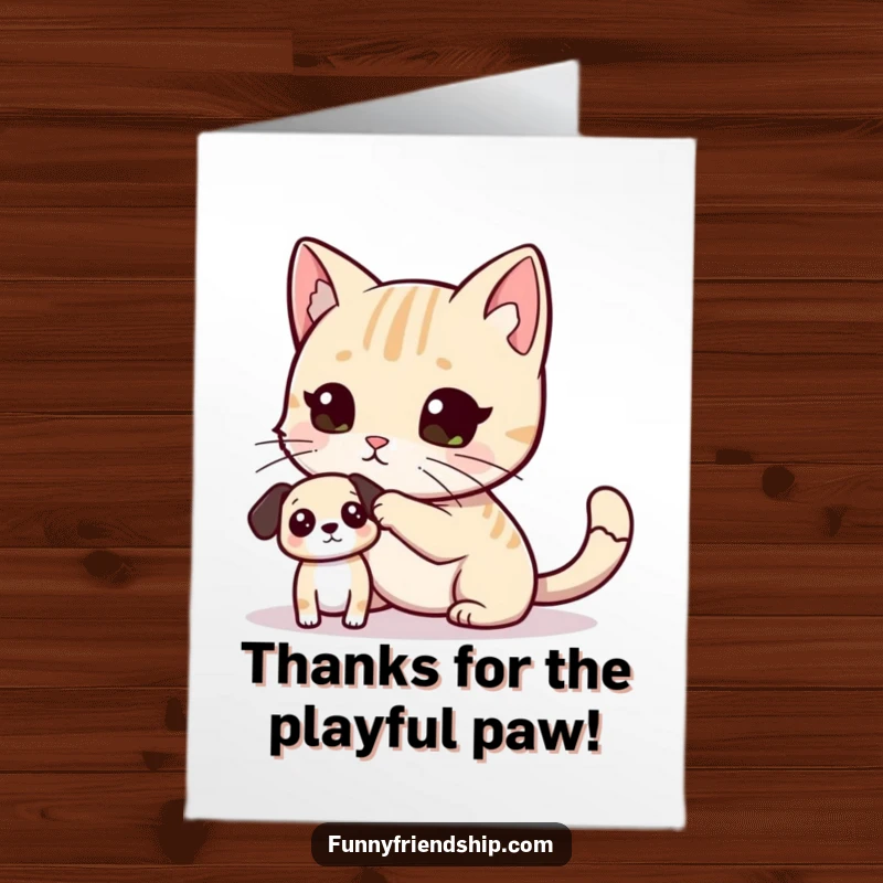 Funny Free Printable Thank You Card: A cat playfully tags a small dog, a cute and humorous thank you.
