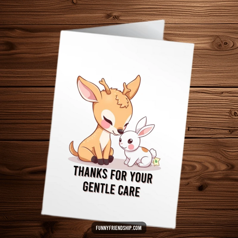 Funny Free Printable Thank You Card depicting a soft interaction of a deer nudging a rabbit, a sweet way to express thanks.
