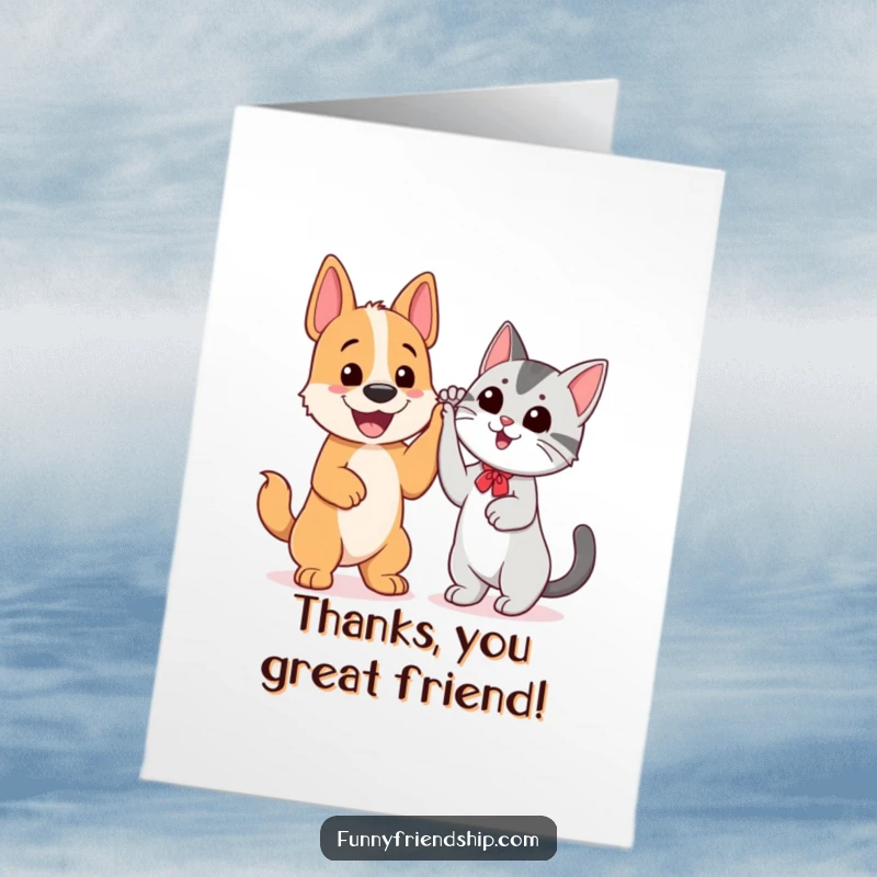 Funny Free Printable Thank You Card: A cheerful dog and a cool cat give a companionable high five, expressing thanks.