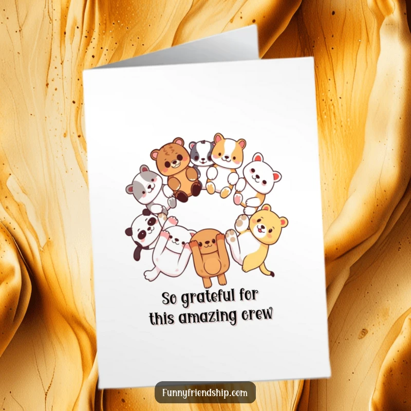 Funny Free Printable Thank You Card depicting a circle of diverse animals holding paws, expressing heartfelt thanks with smiles.