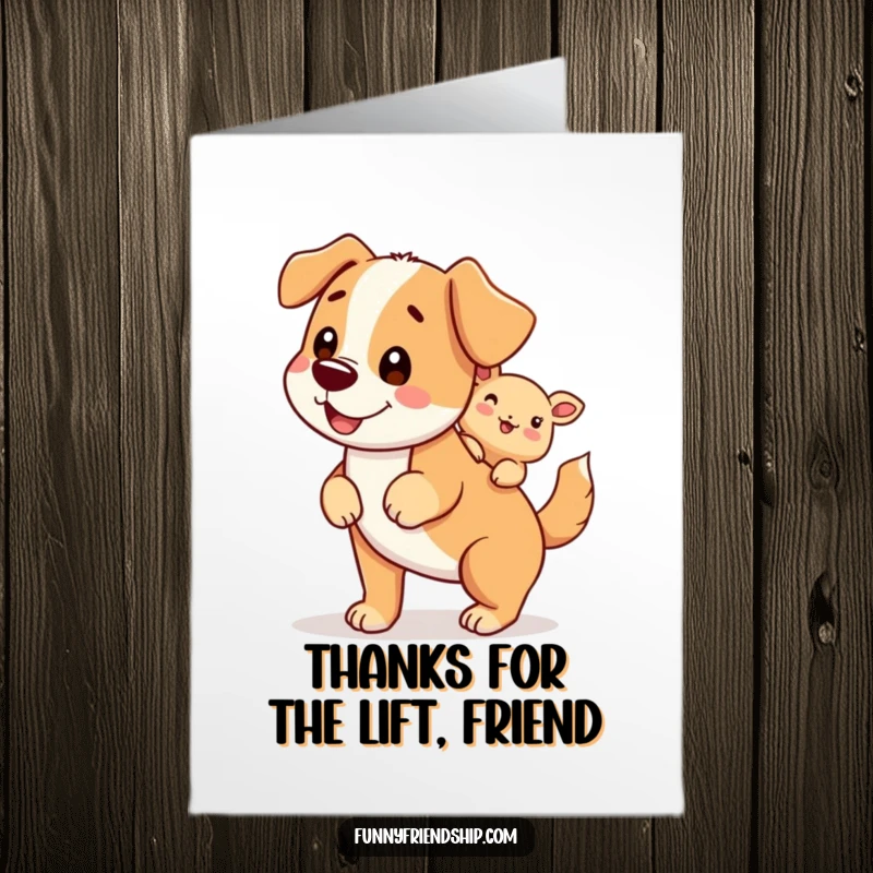Funny Free Printable Thank You Card: A friendly dog gives a happy piggyback ride, conveying thanks with playful charm.