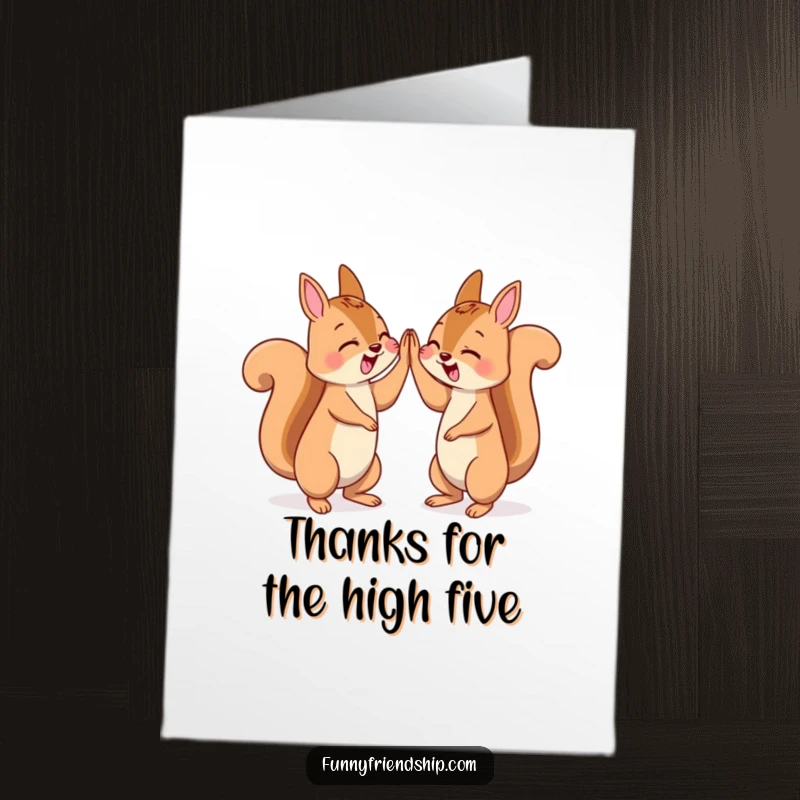 Funny Free Printable Thank You Card: Energetic squirrel characters give each other a celebratory high-five, showing thanks.