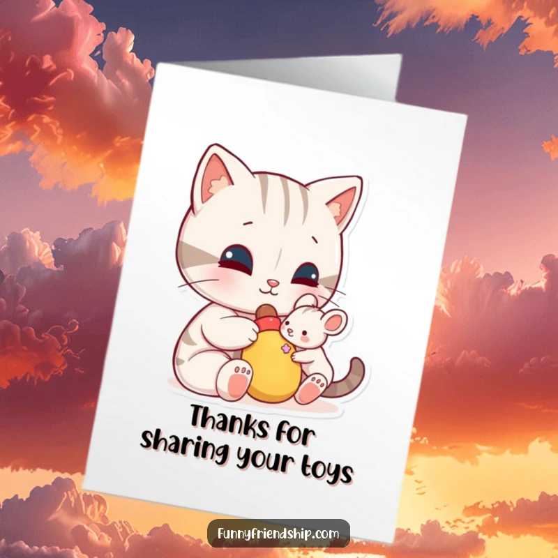 Funny Free Printable Thank You Card: A cat character shares a toy with a small mouse character, a sweet and humorous gesture.