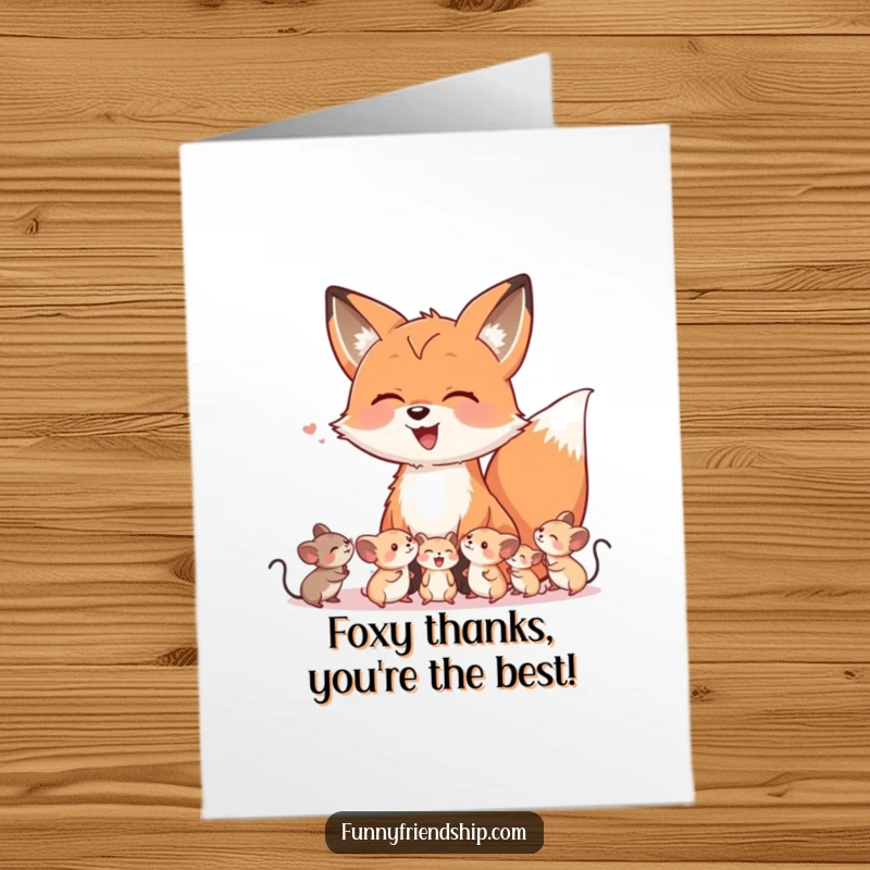 Funny Free Printable Thank You Card: A fox and mice in fits of laughter, a comical way to say thanks.
