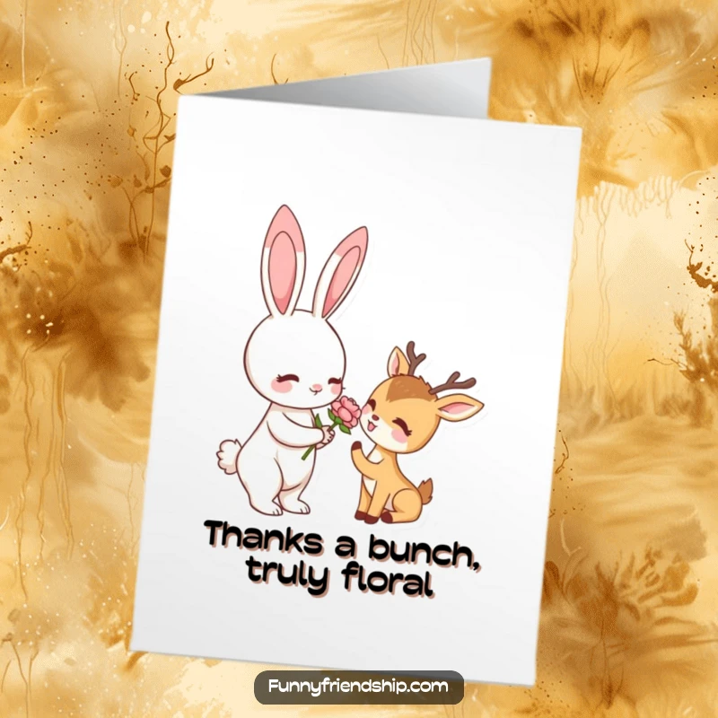 Funny Free Printable Thank You Card depicting a rabbit offering a flower to a deer, conveying sincere thanks with a smile.