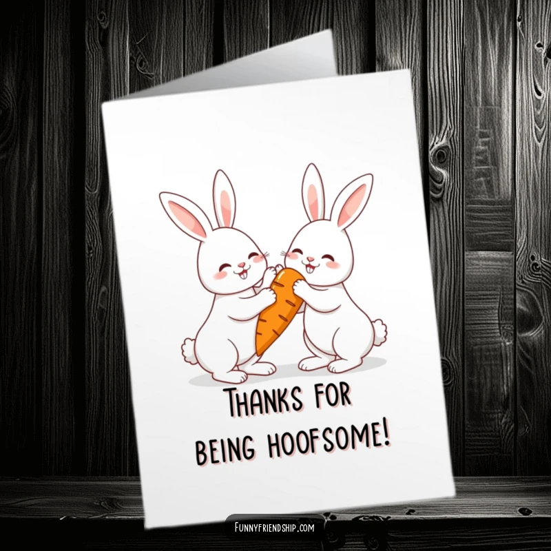 Funny Free Printable Rabbit Thank You Card, happy bunnies sharing a carrot and high-fiving, cute DIY present.