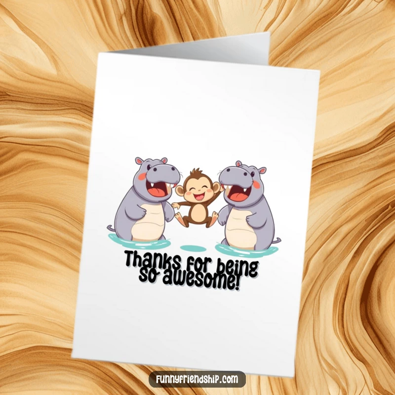 Funny Free Printable Thank You Card: A joyful monkey leaping between two happy hippos, conveying thanks with a playful, energetic vibe.