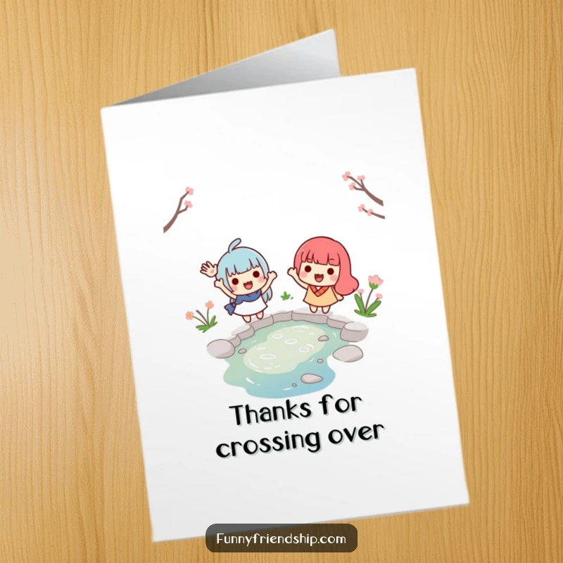 Funny Free Printable Thank You Card featuring two smiling characters waving goodbye across a tiny stream, a sweet way to thank someone.
