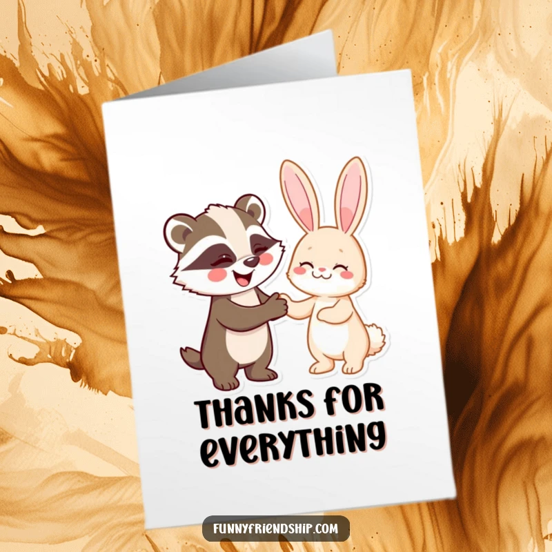 Funny free printable thank you card: A badger and rabbit sealing a deal with a handshake, showing thanks.