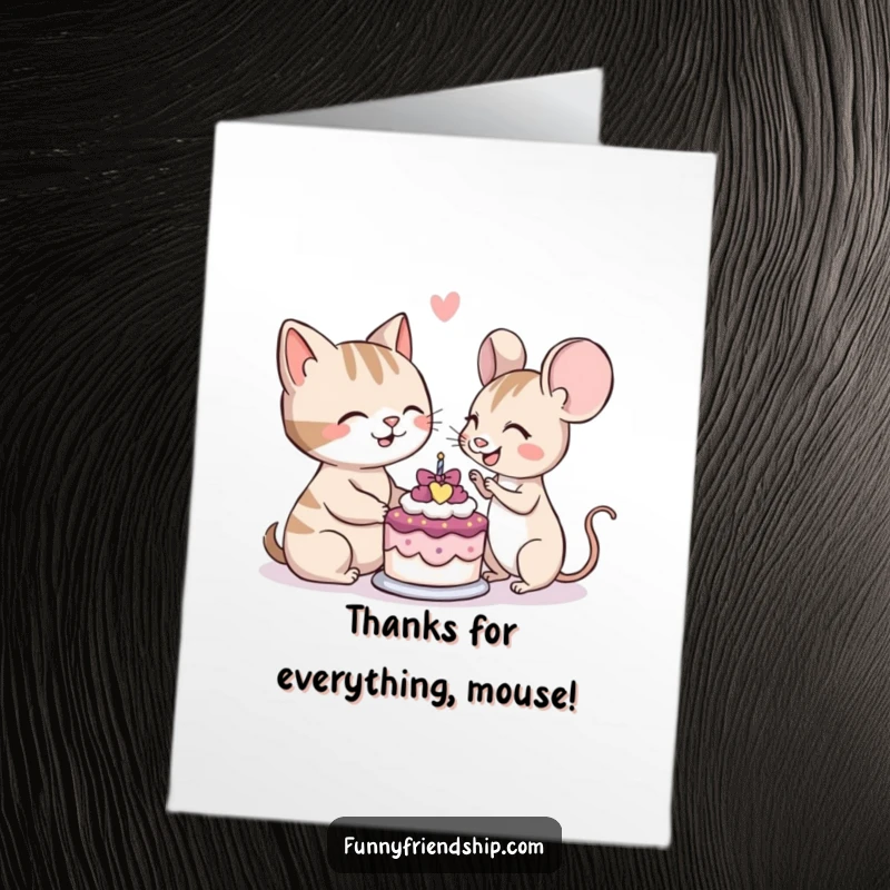Funny Free Printable Thank You Card: A smiling cat and mouse sharing a piece of cake, conveying thanks.