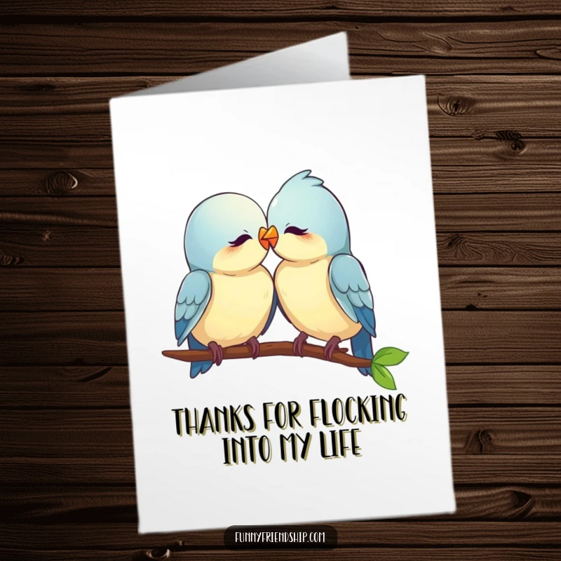 Free printable thank you card with two affectionate birds nuzzling, a sweet way to say thank you.