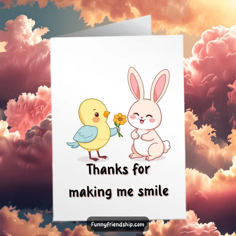 Funny Free Printable Thank You Card: A bird presents a flower to an appreciative rabbit, conveying sincere thanks with a smile.