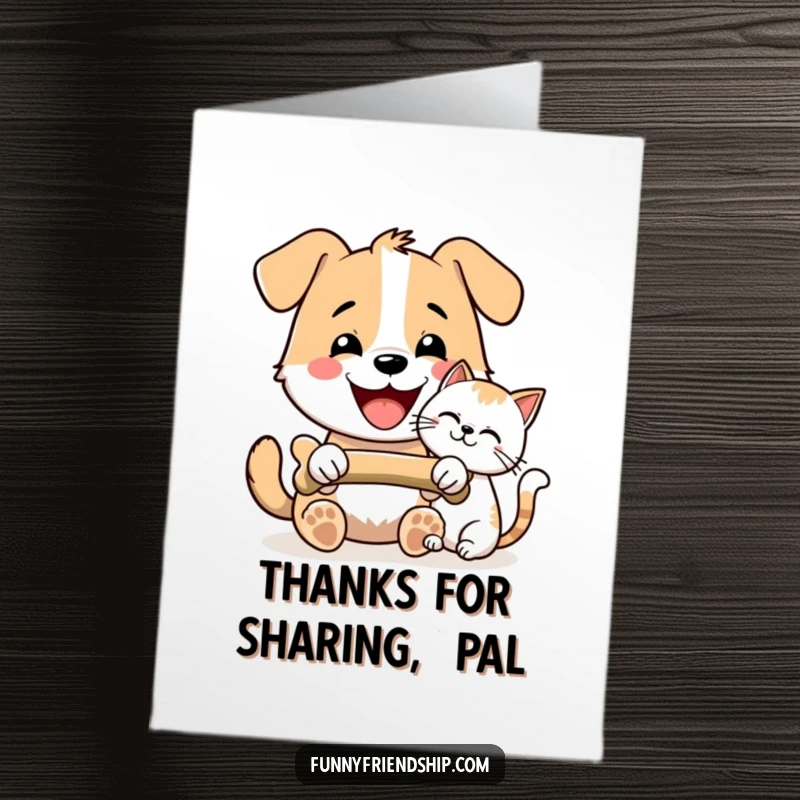 Funny Free Printable Thank You Card: A dog and cat peacefully share a bone, showing appreciation.