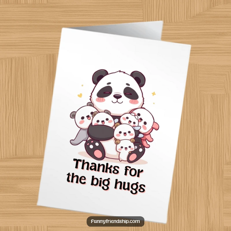 Funny Free Printable Panda Thank You Card: A cuddly panda joyfully embraces others, showing thanks with bear hugs.