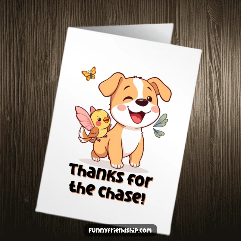 Funny Free Printable Thank You Card: A happy dog and bird chase a butterfly, conveying thanks with charm. Downloadable art.