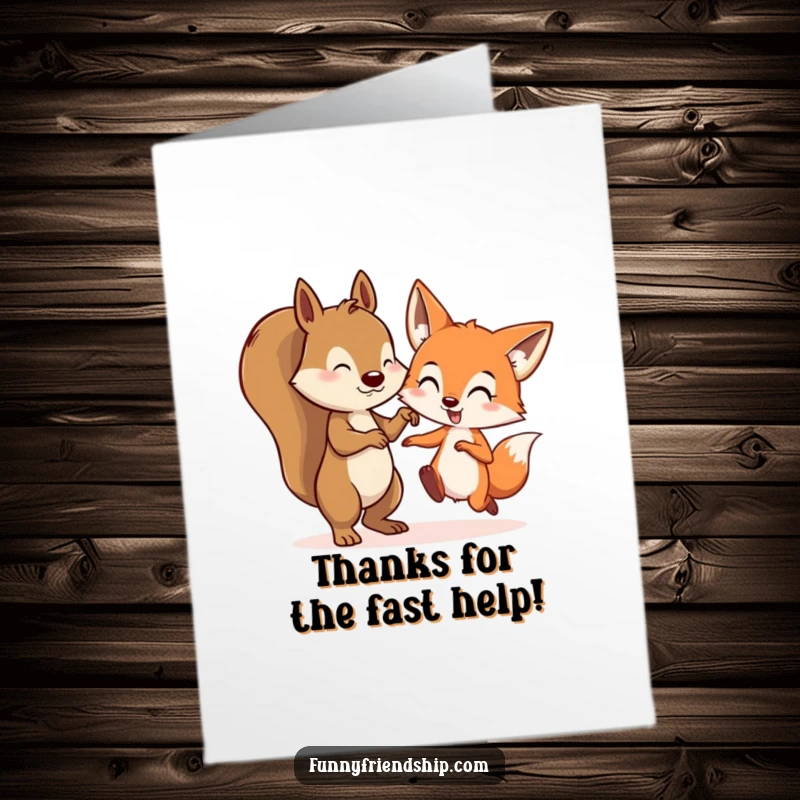 Funny Free Printable Thank You Card: Squirrel and fox playing tag, sending thanks playfully. Downloadable gift.