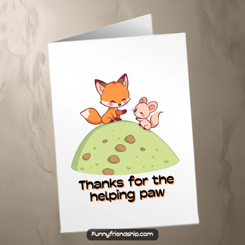 Free printable thank you card with a fox helping a mouse climb a hill, a sweet gesture of gratitude for support.