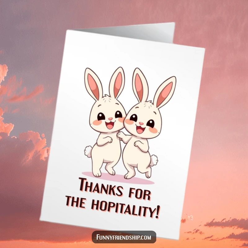 Funny Free Printable Thank You Card: Two happy bunnies dancing with smiles, a delightful way to express thanks and spread cheer.