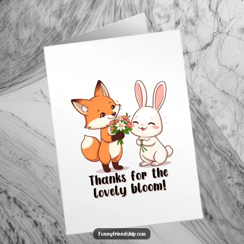 Funny Free Printable Thank You Card: A fox gives flowers to a giggling rabbit, showing sweet gratitude.
