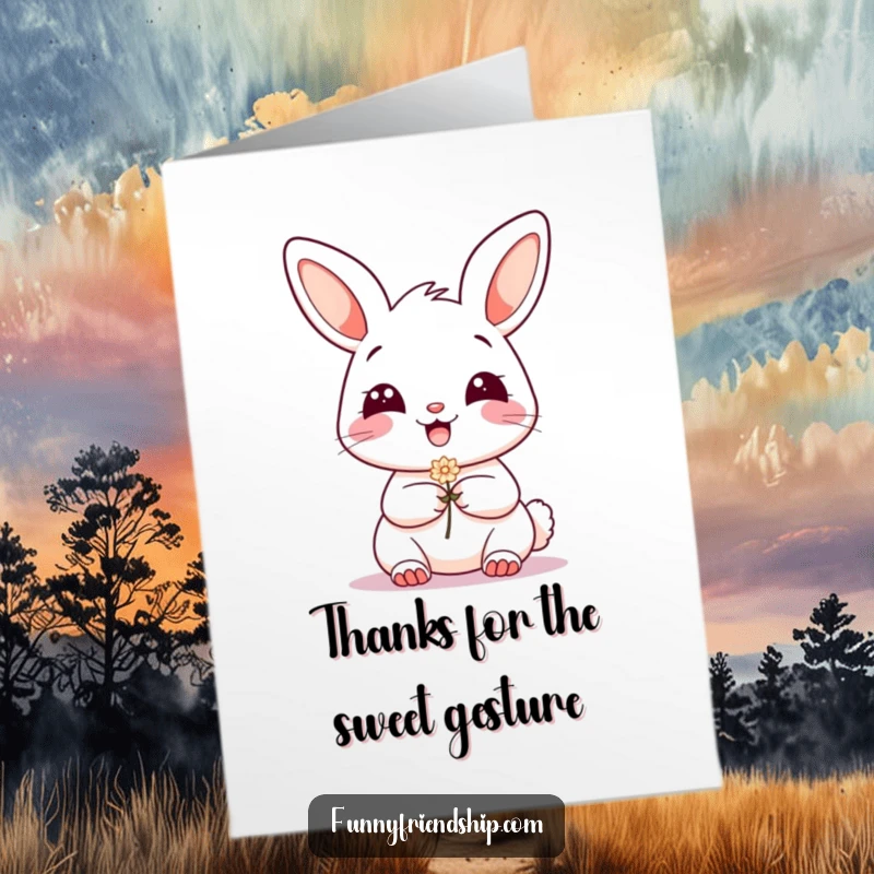 Funny Free Printable Thank You Card: A grinning bunny offers a delicate flower, symbolizing heartfelt thanks and appreciation.