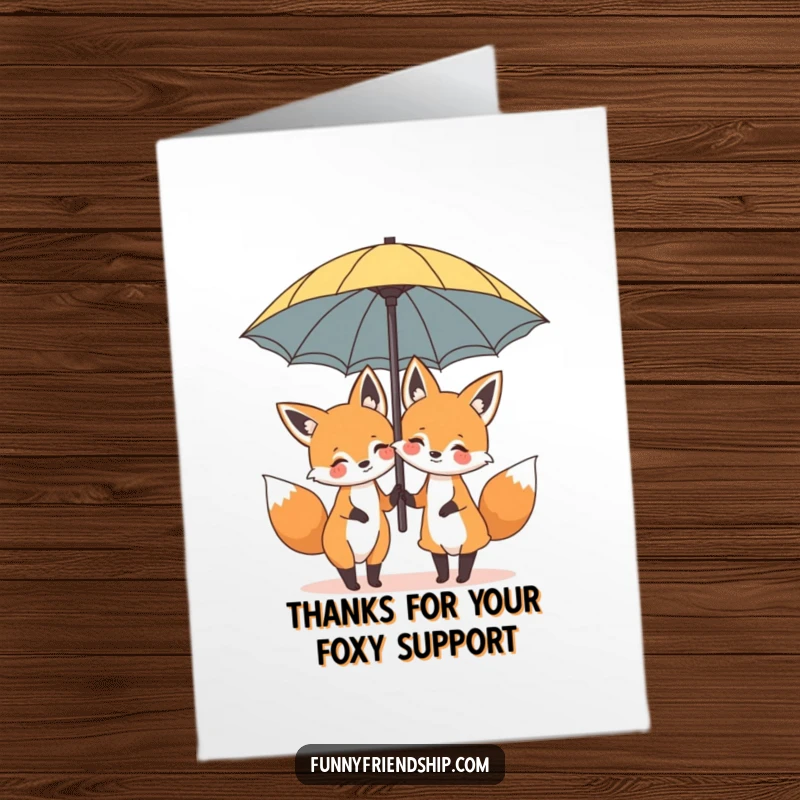 Funny Free Printable Thank You Card: Two joyful foxes share an oversized umbrella, expressing thanks with a shared, cozy moment.